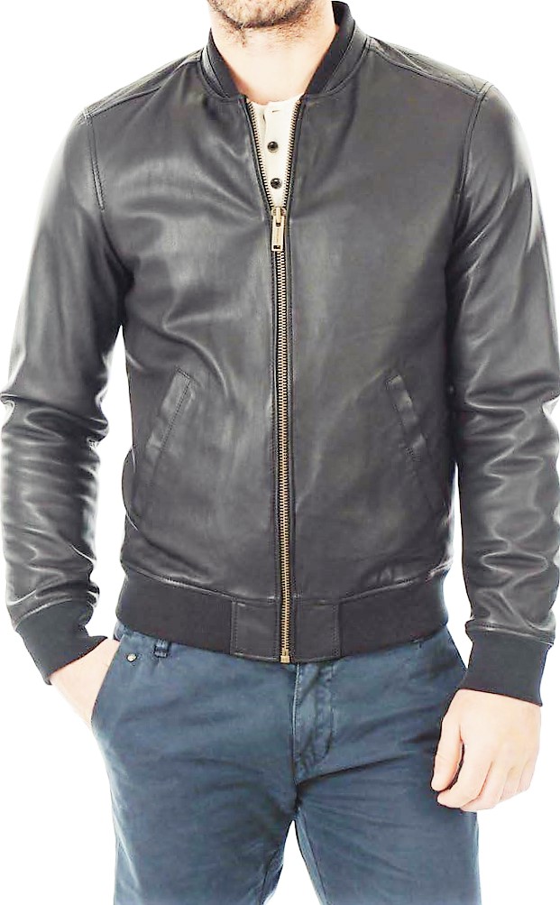 Leather Bomber Jacket – Quilted Shoulder (Black) - Image 3