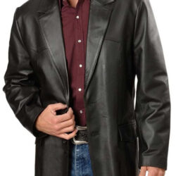 Leather Coat – Long Button Front (Black)