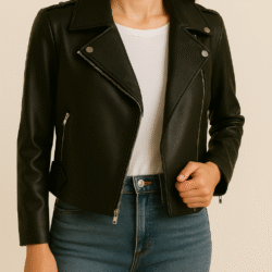 Ladies Slim Fit Motorcycle Biker Black Leather Jacket