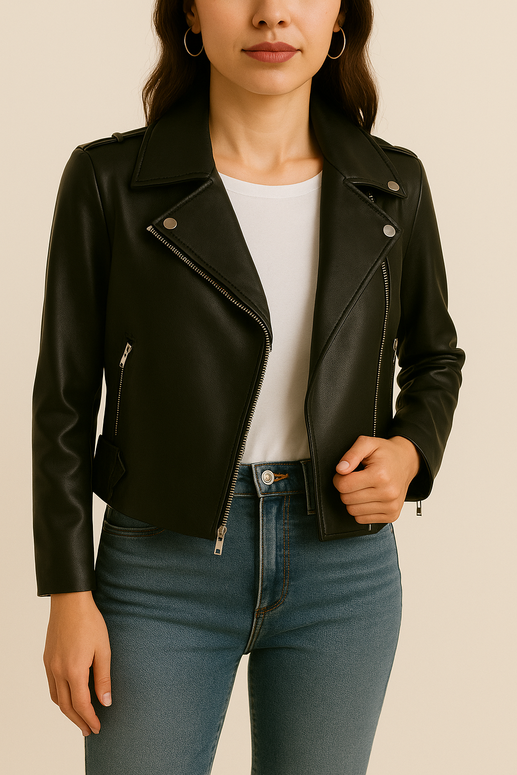 Ladies Slim Fit Motorcycle Biker Black Leather Jacket