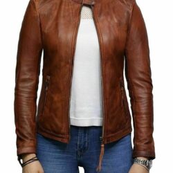 Ladies Biker Distressed Tan Brown Leather Jacket