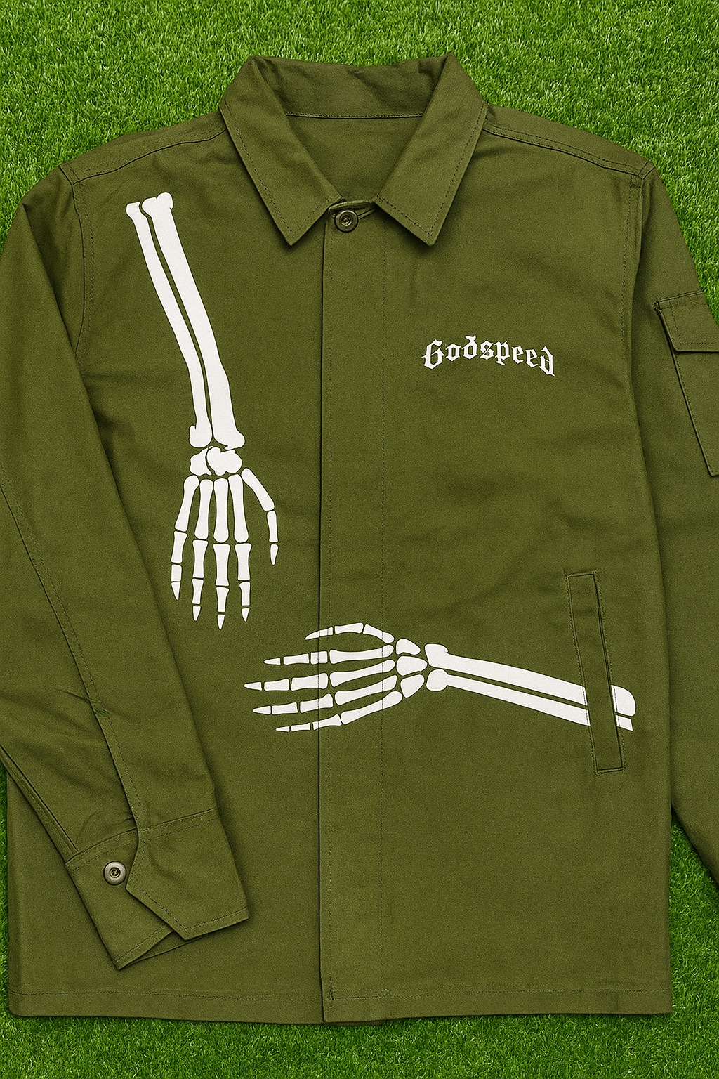 Men's Bikers Skeleton Print Commando Green Cotton Jacket