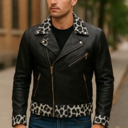 Men's Biker Jacket with Panther Printed Leather Jacket
